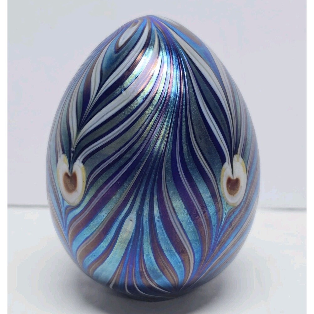 Vtg 1977 Vandermark Signed Art Glass Pulled Feather Egg Paperweight Iridescent